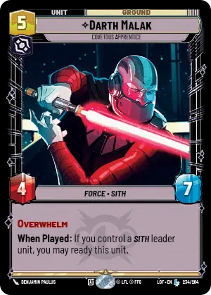 Darth Malak, Covetous Apprentice, Legends of the Force Card Art