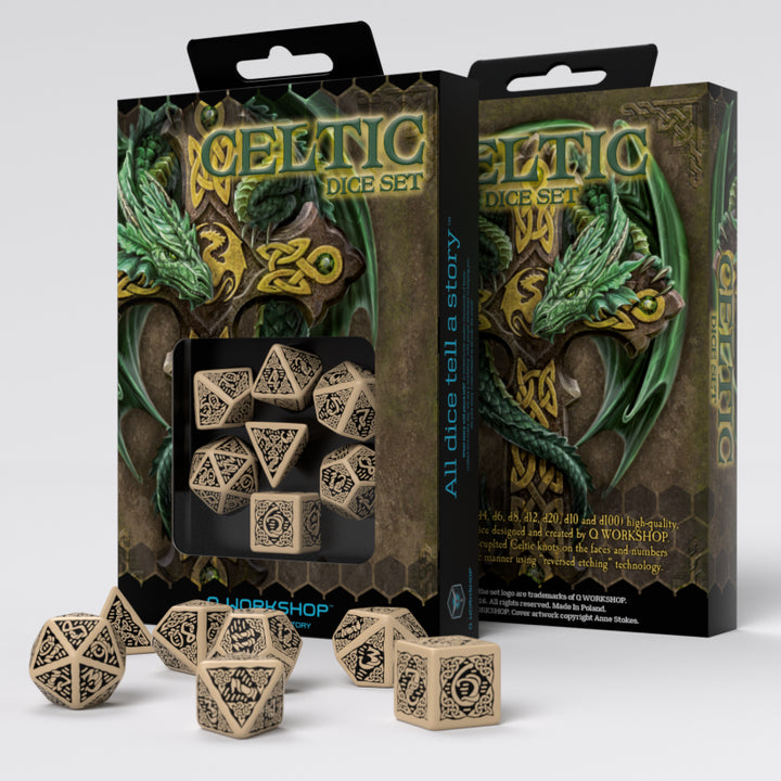 Q Workshop - Dice - RPG Set - Celtic 3D Revised - Beige/Black