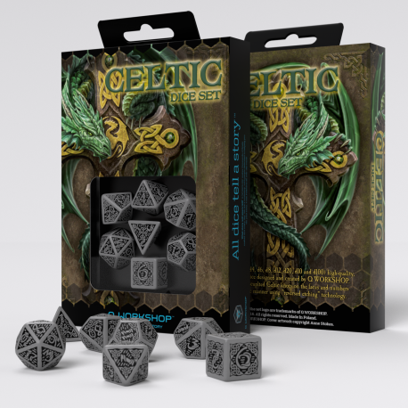 Q Workshop - Dice - RPG Set - Celtic 3D Revised - Gray/Black