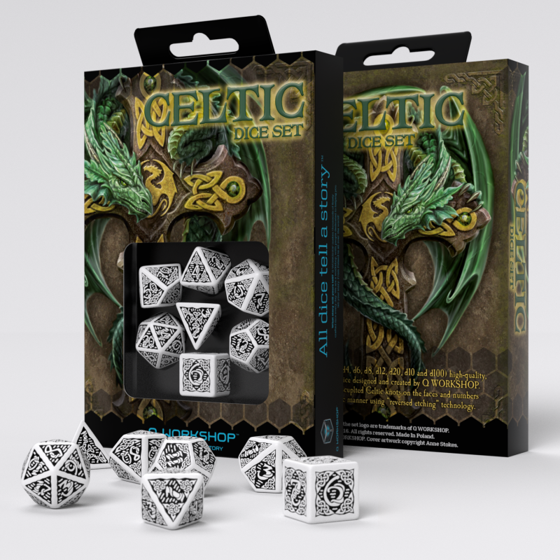 Q Workshop - Dice - RPG Set - Celtic 3D Revised - White/Black